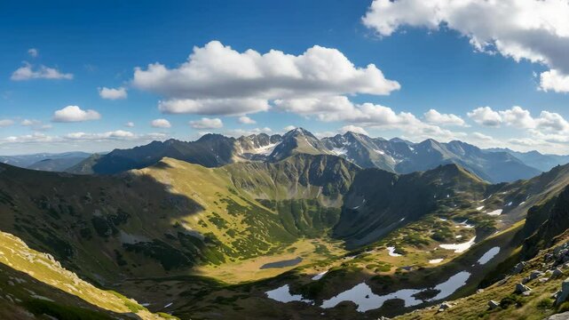 Majestic Mountain Range Under Blue Sky With Lush Green Valley And Patches of Snow On Sunny Day