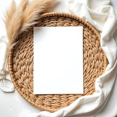 Blank White Card on Wicker Tray with Pampas Grass and White Cloth