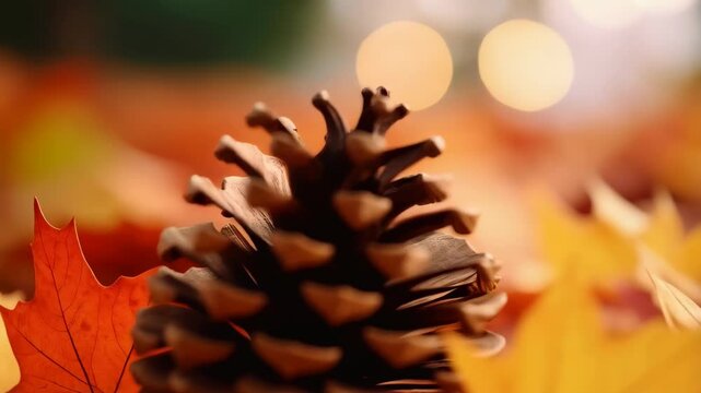 Close up of pinecone in fallen orange and yellow maple leaves surrounded by golden bokeh during autumn season