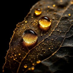 Macro Photo of Water Droplets on Leaf with Golden Reflections and Dark Background