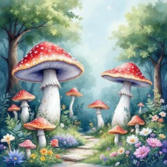 Mystical Fairy Garden Watercolor Clipart with Toadstools