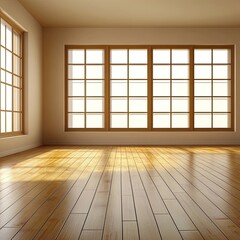 Sunlit empty room with hardwood floors and large windows (18)