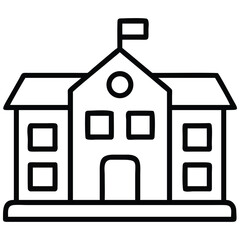 Simple Outline Icon Illustration of a School Building with Flag and Windows