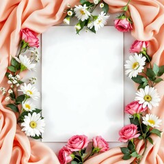 Peachy Pink Floral Frame with Blank Paper &ndash; Elegant Spring Mockup