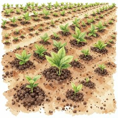 Planting Seeds in Neat Rows Watercolor Clipart - Hand-Painted Gardening Illustration