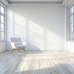 Sunlit minimalist room with a white armchair and light wood floors