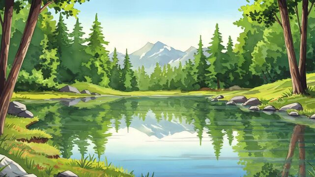 Scenic Pixel Art Landscape with Blue Lake Reflecting Distant Mountains Green Trees and Rocks in a Tranquil Outdoor Setting