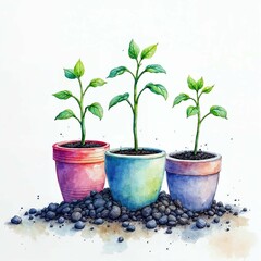 Transplanting Seedlings into Decorative Pots Watercolor Clipart - Gardening, Houseplants, and Botany Illustration