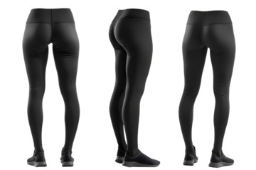 Black women's fitness leggings mockup, front, side, and back views, athletic and comfortable, isolated on transparent background