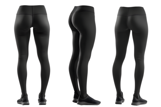 Black women's fitness leggings mockup, front, side, and back views, athletic and comfortable, isolated on transparent background