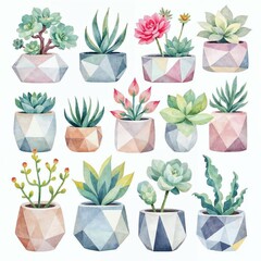 Watercolor Clipart of Pastel Succulents in Geometric Pots on White Background