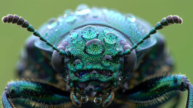 Extreme Close-Up: Jewel Beetle's iridescent Carapace Covered in Dew Drops, Nature's Microscopic Marvel