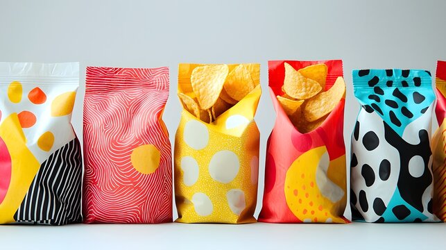 50. Snack chip bags with bold flavor indicators and abstract designs