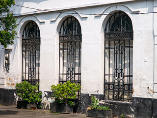 Historic building facade with arched windows and ornate black iron bars, showing aged textures and potted plants along the sidewalk in a sunny urban setting.