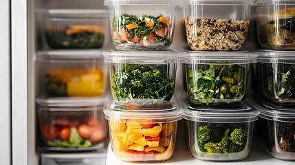 59. Meal prep containers stacked in cooler with organized labels