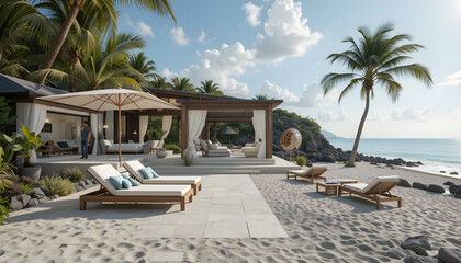 Fototapeta premium The villa’s private beach cove featuring chic lounge chairs and a stylish cabana