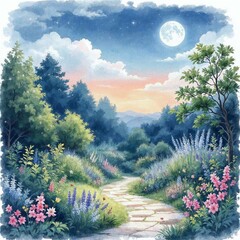 Romantic Moonlit Garden Watercolor Clipart