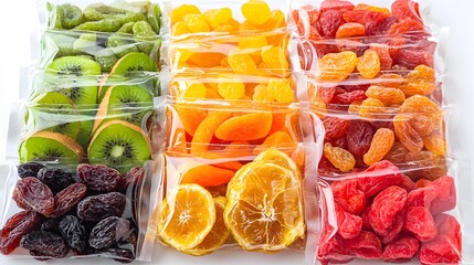 65. Assorted dried fruit packs with colorful matte labels