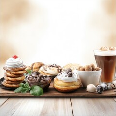 Delicious pastries, coffee, and chocolates arranged on a wooden table against a soft background