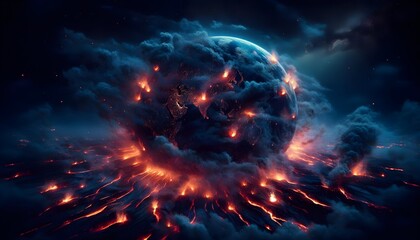 Fototapeta premium Symbolic wildfire scene with embers and smoke turning into heat patterns representing climate change