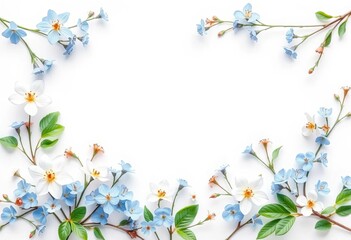Obraz premium Continuous blue floral border, delicate blossoms & leaves on white, artwork, design