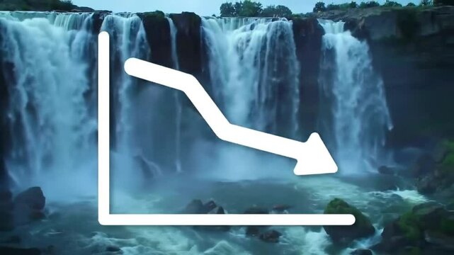 Waterfall with downward trend graph overlay in nature setting  