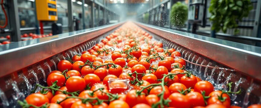 Conveyor belt carrying tomatoes through automated washing system, clean, processing