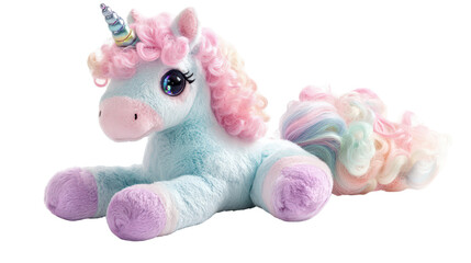 Pastel Unicorn Toy: A charming plush unicorn toy, colored in soft pastel hues, lies gracefully, inviting wonder and enchantment.
