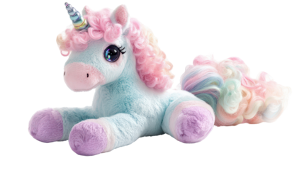 Pastel Unicorn Toy: A charming plush unicorn toy, colored in soft pastel hues, lies gracefully, inviting wonder and enchantment.