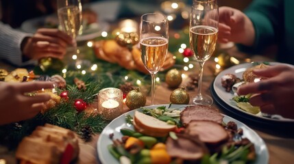 Holiday Feast: A warm and inviting winter Christmas holiday feast scene, close-up shot of a beautifully set table filled with delicious food, drinks.