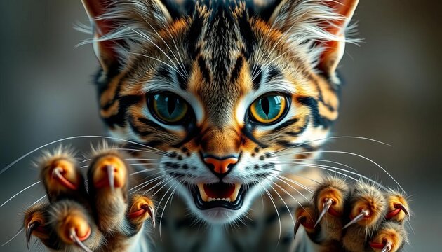 Crazy feline, eyes wide, fur bristling, claws extended, hissing cat, cat photography