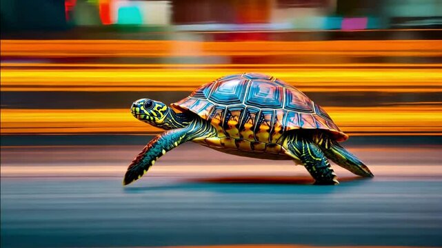 Conceptual metaphor illustrating speed with a turtle racing against blurred motion, showing a contradiction between slow and fast to emphasize the idea of exceeding expectations
