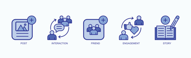 Connection Stream Icon Set Vector Illustration Concept With Icon Of Post, Interaction, Friend, Engagement, Story In Blue Style