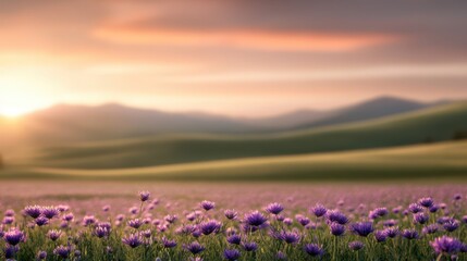 Naklejka premium Lavender dreams at sunset: A field of blooming lavender sways gently in the breeze under a warm sunset glow, framed by rolling hills on the horizon, evoking serenity.