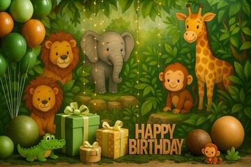 Jungle animal birthday scene with cartoon lion, monkey, elephant, and giraffe