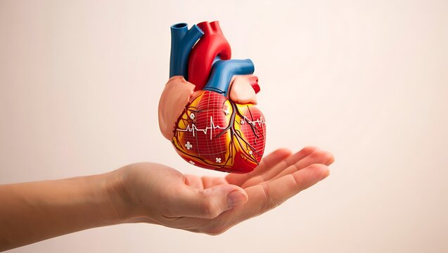 Outstretched Hand Holding Floating Anatomical Heart with ECG Line and Medical Icons on Soft Beige Background