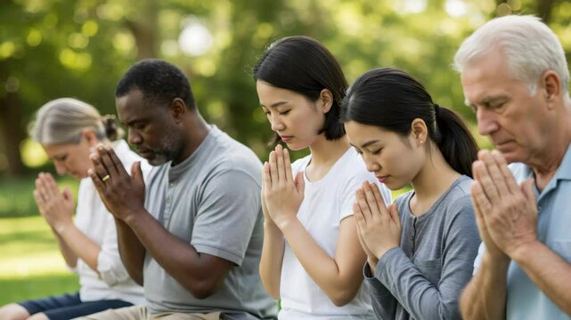 Diverse group of men and women praying with hands in namaste mudra outdoors. Peaceful spiritual gathering with different ages. Footage.