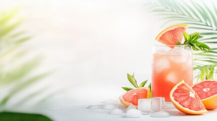 Fototapeta premium Citrus Bliss: A Refreshing Tropical Drink: A vibrant, tropical drink served in a glass with ice cubes and citrus slices, beside other juicy slices and fresh leaves.