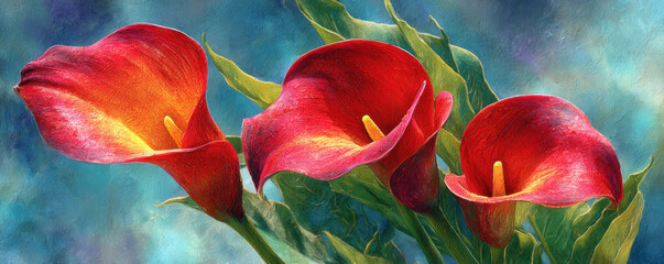 Red Calla Lily with green leavs, Oil Painting Floral Art with Blue Background as Wallpaper Illustration, Elegant Red Flower	