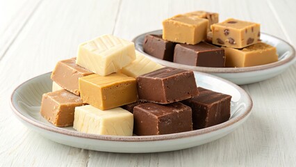 An Array of Delicious Fudge Squares Displayed on Two Plates, Exhibiting Varieties of Chocolate, Vanilla, Caramel, and Pecan Flavors on a Clean White Wooden Surface.