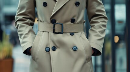 Trench Coat - A long, double-breasted coat with a belt, typically made from waterproof material.