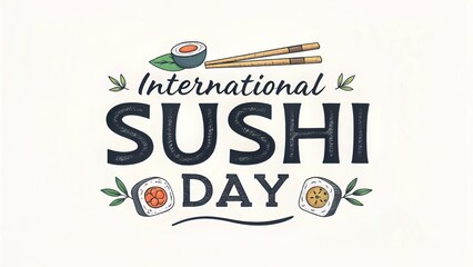 Celebrate International Sushi Day with this stylish lettering design featuring sushi rolls, chopsticks, and decorative leaves against a clean white background, perfect for posters and promotions.