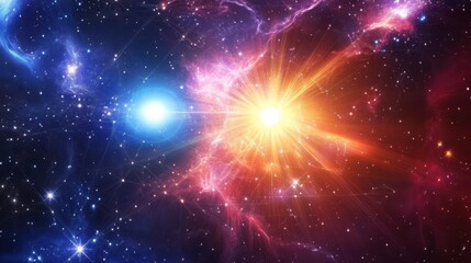 Two bright, contrasting stars explode with light against a colorful starfield, suitable for science or technology marketing visuals.