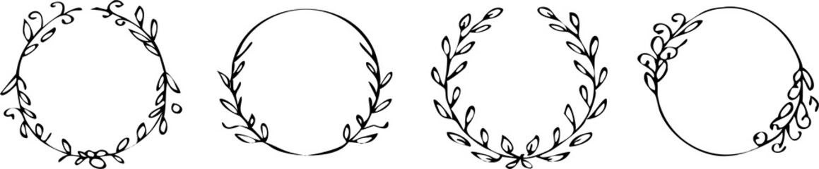 Set of black laurels wreath frames branches with circle borders. Hand drawn collection laurel leaves decorative elements. award, Leaves, invitation decoration, swirls, ornate. Vector icon illustratio