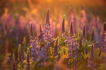 Lupinus perennis - Wild lupine in a meadow during sunset, Poland.