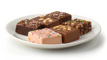 Assortment of Gourmet Chocolate Fudge Squares on White Plate: Variety of Flavors and Toppings, Perfect for Dessert, Gifts, and Festive Occasions.