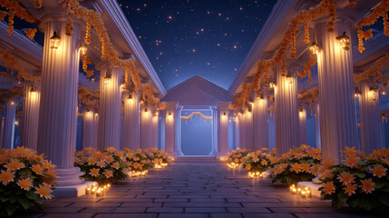 Temple view during Janmashtami night with hundreds of diyas, flower garlands