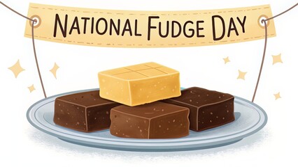 Celebrating National Fudge Day with a Delicious Display of Chocolate and Vanilla Fudge Squares on a Light Blue Plate with Festive Banner.