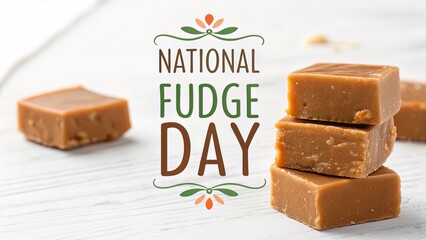 Celebrate National Fudge Day with a Delicious Stack of Homemade Fudge Cubes Presented on a Rustic White Wood Background for a Sweet Holiday Treat.