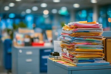 Overwhelmed with paperwork a towering stack of colorful files on an office desk signifies workload